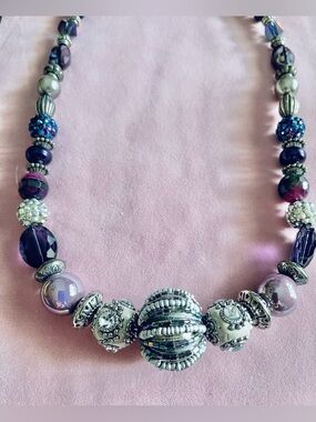 India Silver and Shades of Purple Beaded Necklace and Earring Set. Necklace 10”